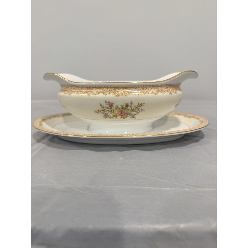 Vintage Noritake Gravy Boat Attached Underplate Japan Gold Floral Trim